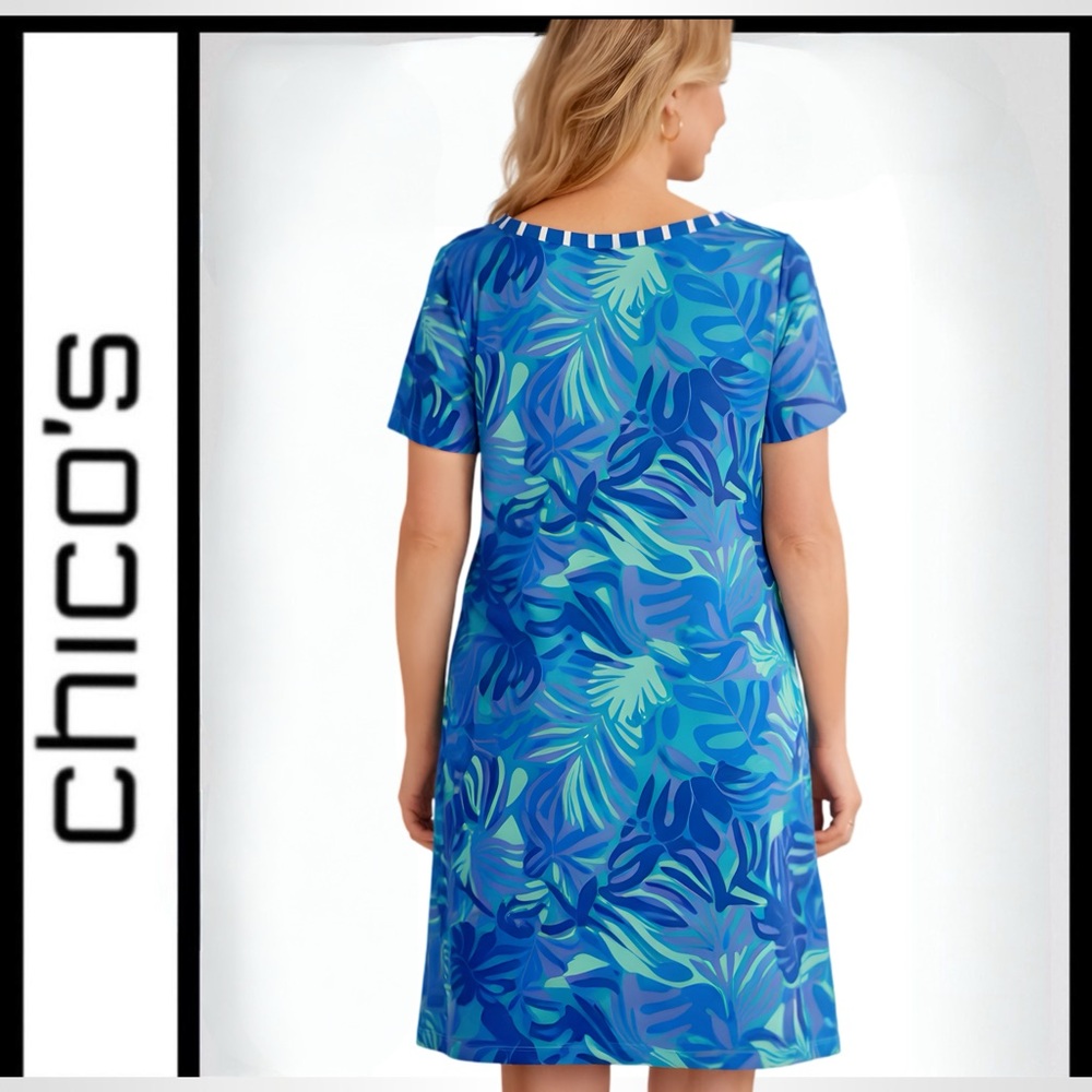 Chico’s Size 3 Blue Green Tropical Leaf Print Short Sleeve Shift Dress - Picture 2 of 13